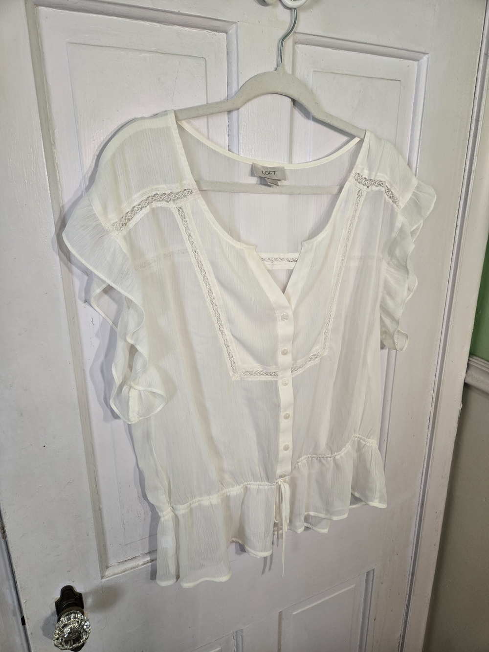 LOFT Ivory Ruffle-Trim Button Front Blouse Size L - Picture 2 of 7